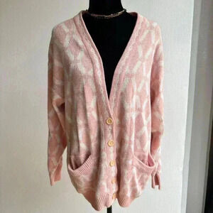 Vintage Pink & White Geometric Knit Cardigan Sweater Button up Genesis Coquette